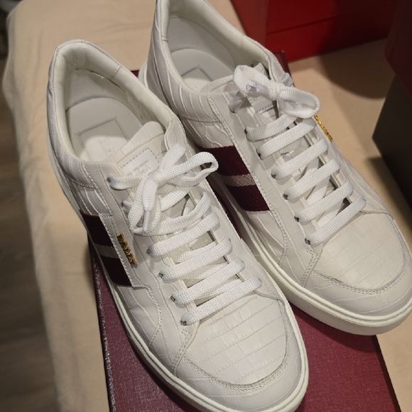 Bally White and Maroon Leather Sneakers